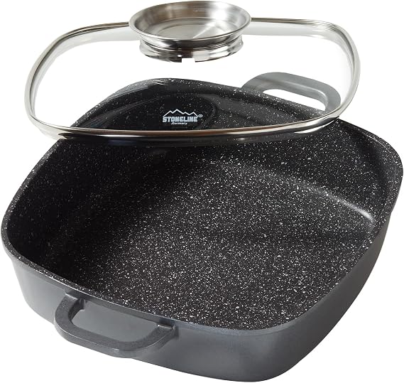 Warimex Stoneline 8645 Square Frying Pan Cast Aluminium 24 x 24 cm with Glass Lid with Opening and 2 Insulated Handle Protectors Non-Stick Coating Also Suitable for Induction Cookers