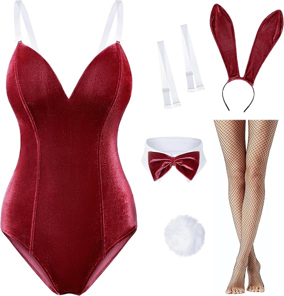 Women Velvet Bunny Costume Bunny Girl Suit Costume Senpai Cosplay One Piece Bodysuit Stockings Set