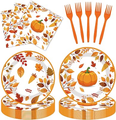 80pcs Thanksgiving Paper Plates and Napkins Forks Fall Dinner Cake Plates Autumn Leaves Pumpkin Party Decorations for Fall Thanksgiving Holiday Wedding Birthday,Serves 20
