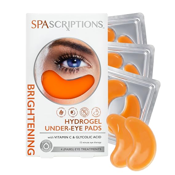 SpaScriptions Brightening Hydrogel Under Eye Patches - Vitamin C & Glycolic Acid Eye Masks for Dark Circles, Puffiness & Wrinkles, Hydrating Gel Eye Pads for Refreshing Daily Skin Care, 4 Pairs