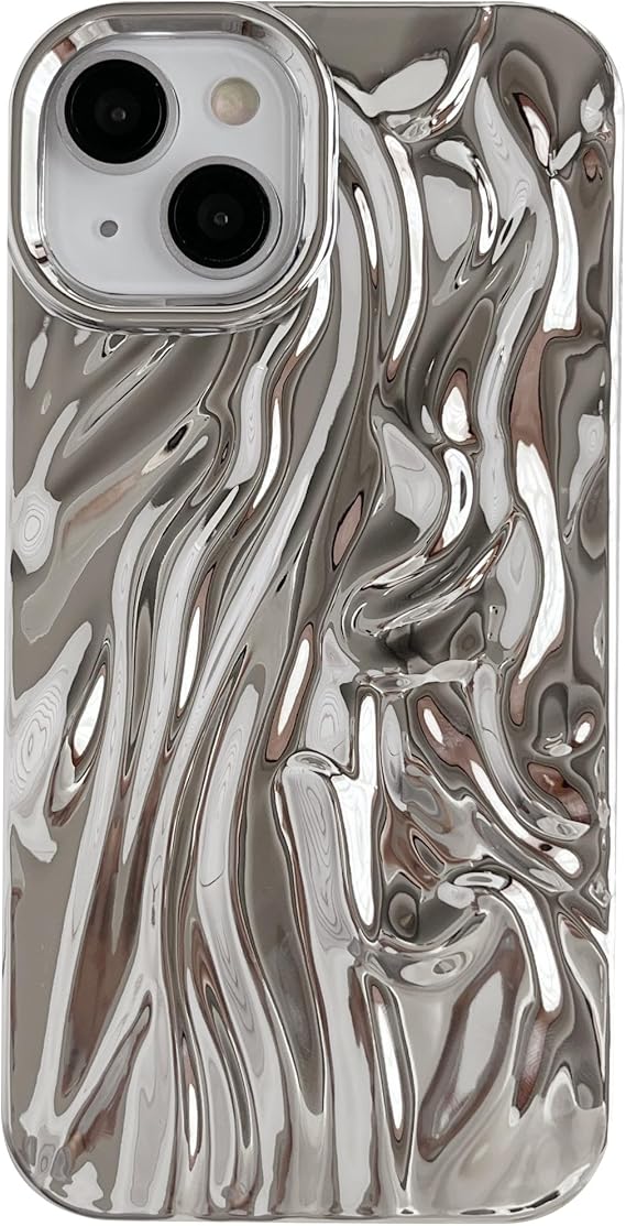 Caseative for iPhone 13 Case, Silver | Pleated Water Ripple Chrome Wave Pattern Soft