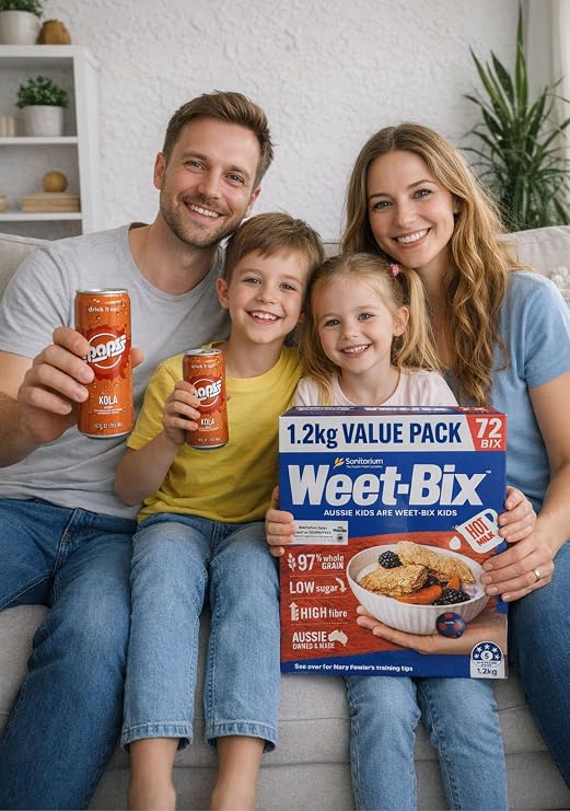 Combo - Weet-Bix 97% Whole Grain Cereal Biscuits & Fizzy Kola Soda POPS (1.2 Kg VALUE PACK 72 BIX) Pops 12 Oz Can