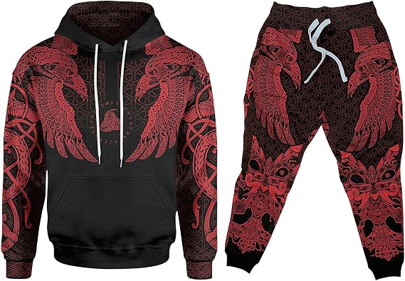 Mens Viking Hoodie and Jogger Set, Norse Mythology Pullover Tracksuit for Casual Wear, Workout, Travel, Outdoor