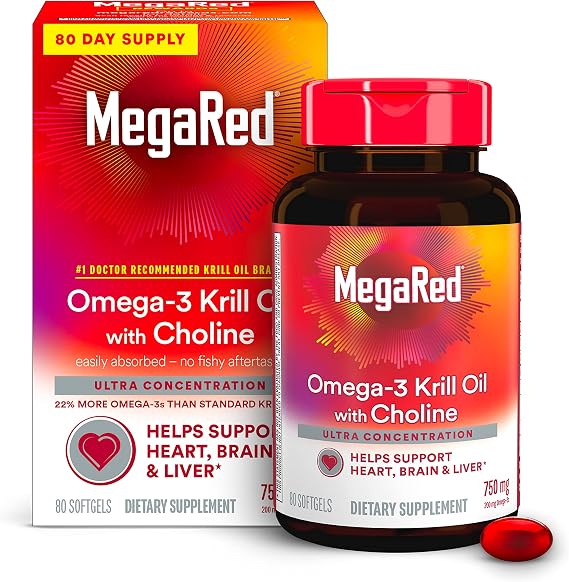 MegaRed Krill Oil 750mg Omega 3 Supplement with Choline, #1 Dr Recommended Krill Oil Brand with EPA, DHA & Phospholipids, Supports Heart, Brain, Liver Health, Antarctic Krill Oil - 80 Softgels