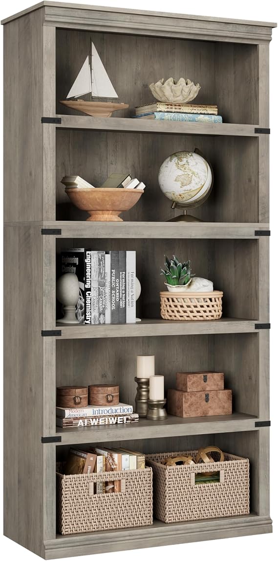 IDEALHOUSE 5 Tier Bookcase, Farmhouse Book Shelf with Storage Open Display Bookshelves, 67.4" Tall Book Case Wooden 5 Shelf Bookcase Home Decor Furniture for Home Office, Living Room, Bed Room - Grey