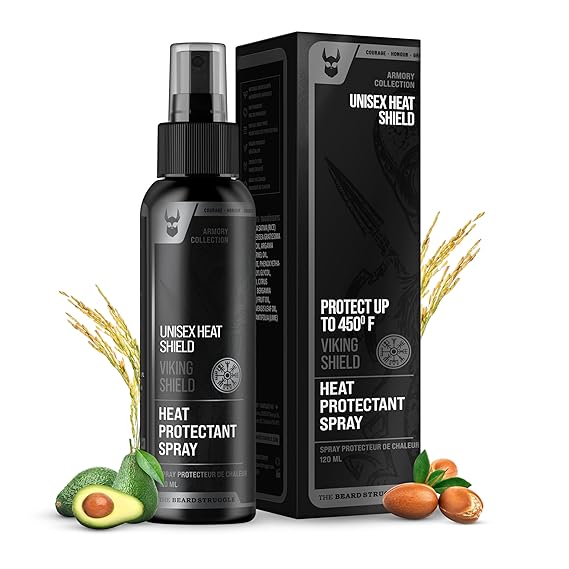 Beard & Hair Heat Protectant Spray - Viking Shield Beard Spray for Men, Protects Hair from Heat Damage of Straightener and Styling - Argan Oil Thermal Protector Spray - Protect Up To 450o F - 4 Fl Oz