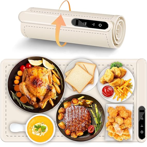 Warming Mat for Food Warmer Heating: Electric Silicone Hot Trays & Warm Buffer Plate 7-Level Temperature Control,Foldable Heat Pad,Keep Dishes Heater,Gift for Kitchen & Party- Cream