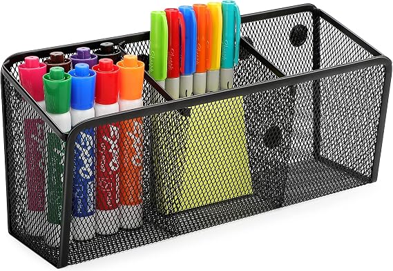 MaxGear Magnetic Pen Holder, Mesh Organizer Caddy, Pencil & Marker Storage for Desk, Extra Strong Magnets for Locker, Whiteboard, School & Office 3 Baskets