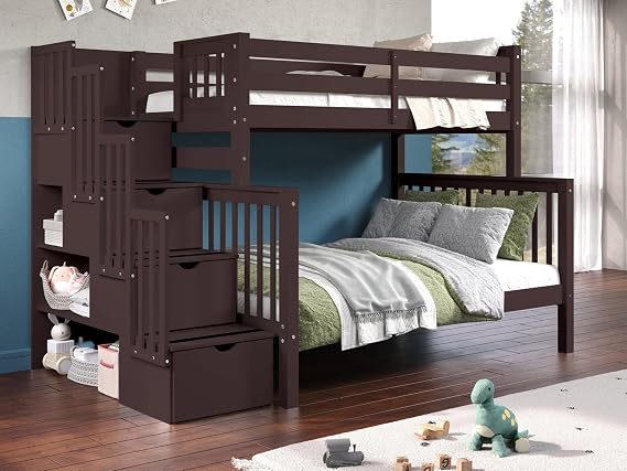 Bedz King Stairway Bunk Beds Twin Over Full with 4 Drawers in the Steps, Dark Cherry