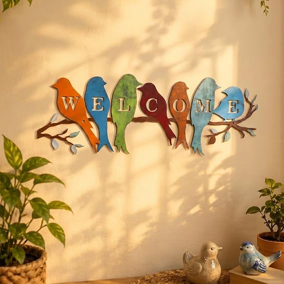 Peryiter Bird Wall Art Birds on Branch Welcome Sign Hanging Outdoor Metal Wall Decor Welcome Signs for Porch Vivid Statue Welcome Wall Decor Tree Silhouette for Bedroom Garden(Rustic Colors)
