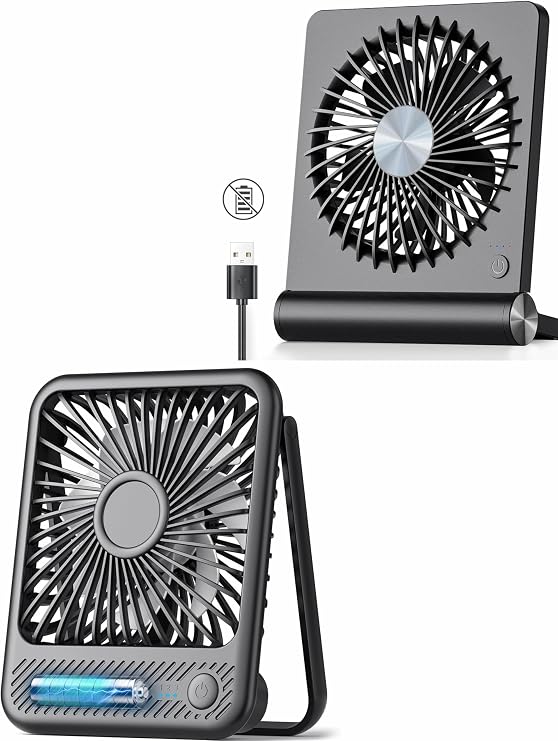 Koonie 5.7in Corded Powered 220 Tilt Folding Desk Fan & 5in Battery Operated 180 Tilt Folding Desk Fan with Strong Wind and 3 Speeds Adjustable