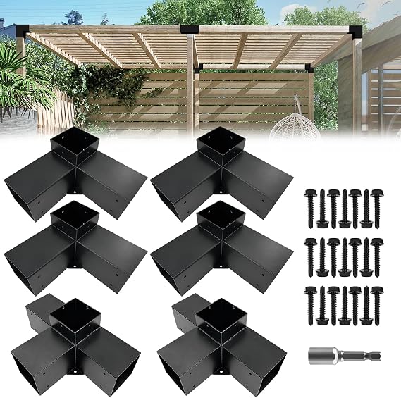 3-Way & 4-Way Pergola Kit,Woodwork Right Angle Corner Pergola DIY Bracket for 4 x 4 (Actual:3.5"x3.5") Lumber for Outdoor Porch,Log Cabin Gazebo,Garage,Kitchen - 6 Pack