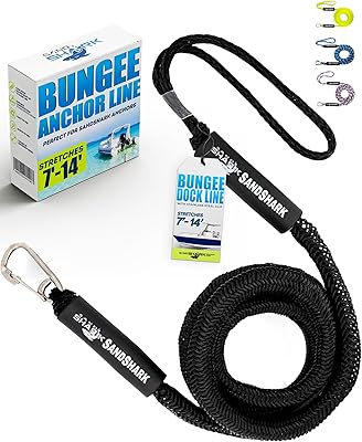 SandShark Premium Anchor Bungee Dock Line. Boat Accessories Anchor Line Absorbs Shock to Anchors and Docks wStainless Steel Clip - Black - 7-14ft