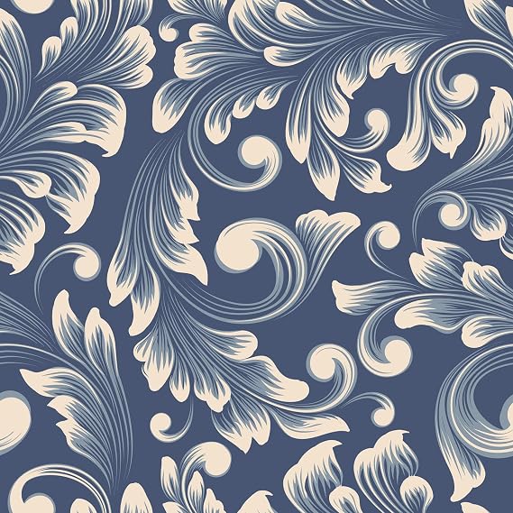 VaryStyle 17.7"x118" Classical Damask Wallpaper Navy Blue/Cream Victorian Floral Peel and Stick Wallpaper Vintage Paisley Wall Paper Removable Self Adhesive Contact Paper for Cabinets Bathroom Bedroom