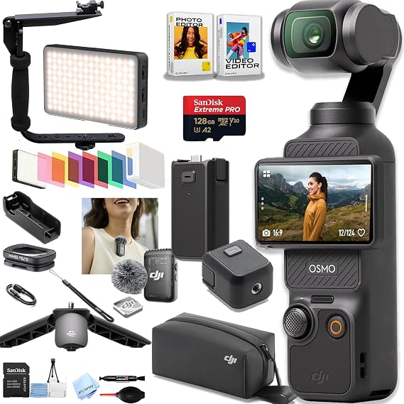 DJI Osmo Pocket 3 Creator Combo, Vlogging Cameras, 4K/120fps Vlog Camera, 3-Axis Stabilization, Face/Object Tracking, Mic Included + 128GB Memory, Video Light, Bracket + More (27pc Bundle)