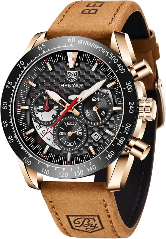 BY BENYAR Mens Watches Sports Stylish Analog Quartz Chronograph Watch Date Waterproof 3ATM Business Leather Strap Wrist Watches for Men