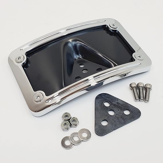 Chrome Curved Laydown License Plate Frame/Mount with 3-Hole Mounting Plate for Harley Models for US Motorcycle 7x4 License Plates Includes Mounting Hardware and Rubber Gasket