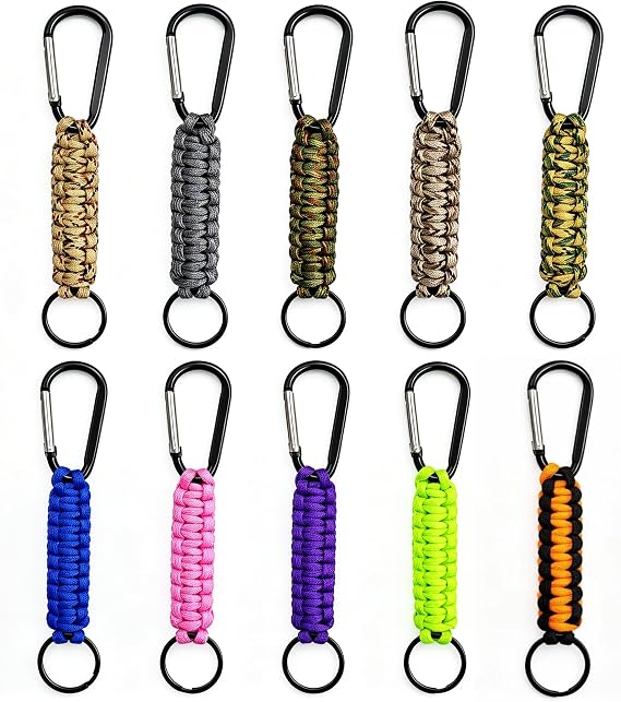 10 Pcs Paracord Carabiner Keychain Set Heavy Duty Braided Rope Key Chains with Metal Clip, Tactical EDC Survival Lanyard Keyring for Backpack, Camping, Hiking, Outdoor Gear & Everyday Carry