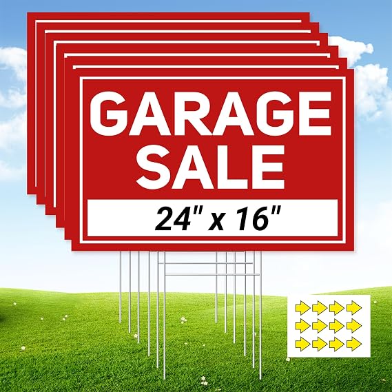 6 Pcs Garage Sale Signs with Stakes, Extra-Large Foldable Garage Sale Signs 24" x 16", Metal Stakes and Double Sided Waterproof Design for Garage Sale Supplies