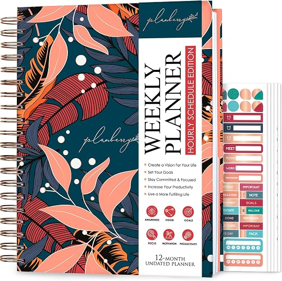 Planberry Planner Large Hourly, Detailed Undated Agenda Tropical Night