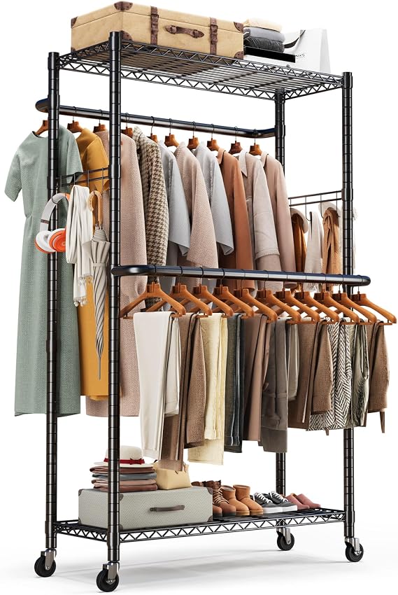 HOKEEPER Clothes Racks 400 LBS Heavy Duty Clothing Racks for Hanging Clothes Adjustable Coat Rack with Wheels & Hooks Freestanding Wire Garment Rack Portable Closet Wardrobe 74.8''H*38.2" W