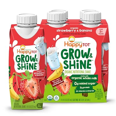 HAPPYTOT Organic Grow & Shine, Whole Milk-Based Tot Nutrition Shake, Strawberry & Banana, for Growing Toddlers & Picky Eaters, 8 Fl Oz Pack of 4