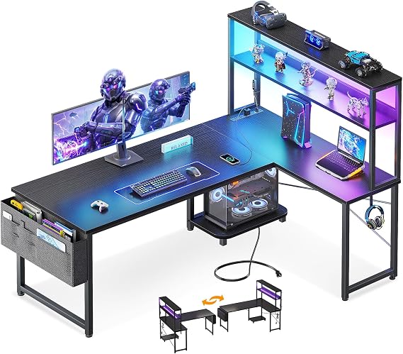 ODK 53" L Shaped Gaming Desk with Shelves, LED & Outlets, Black | Hook for headset, bag for gear. Shelves for books & supplies. LED for gaming nights. Reversible. Home office computer desk.