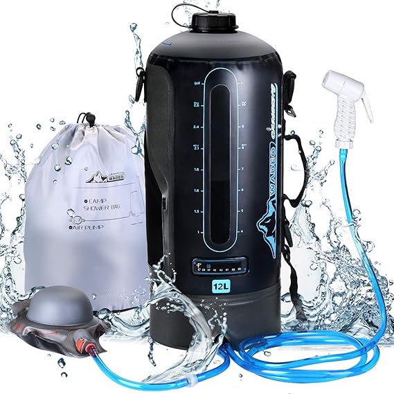WADEO Camping Shower, Portable Shower, 3.2 Gallons/12L Camp Shower Bag with Upgraded Screw Lid, Water Level Window, Pressure Foot Pump, and Handy Nozzle, Solar Shower for Beach Camping Hiking Trip