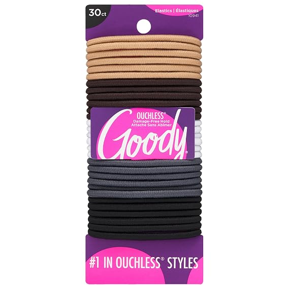 Goody Ouchless Elastic Hair Ties, 30 Ct, Neutrals, 4MM Rubber Bands, Pain-Free