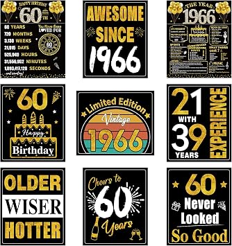 Turypaty 60th Birthday Decorations for Men Women, 9pcs Black Gold Happy 1966 60 Birthday Banner Signs for Walls Doors Windows Yard Garden Party Supplies, Sixty Birthday Table Toppers Photo Props Decor