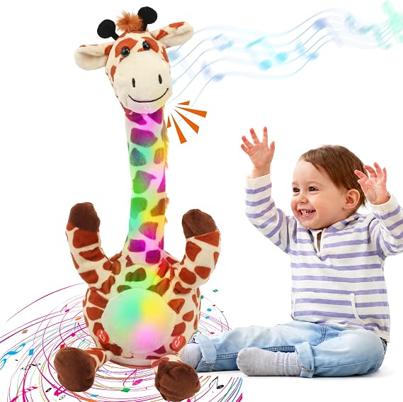 Hopearl Glowing Dancing Giraffe Toy Repeats What You Say Talking Toy Wriggle Singing Mimicking Twisting Electric Light Up Interactive Animated Speaking Gifts for Kids, Brown, 13''