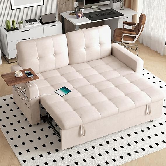 2 Seater Sofa Bed with USB & Type-C Charging Ports, 3 in 1 Convertible Corner Sleeper Chair Bed with 360° Swivel Table, 6-Position Adjustable Backrest, Pull Out Double Sofa Bed for Living Room (Beige)