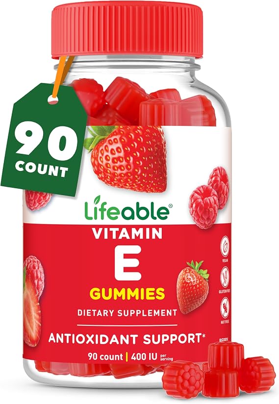 Lifeable Vitamin E Gummies for Women and Men, 400 IU, Vegan, 90 Count | Antioxidant support for healthy skin, eyes and immune function in a soft berry chew - no gelatin, no swallowing, non GMO