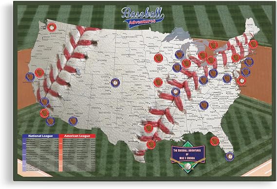 Baseball Stadium Map with Pins Push Pin Baseball Travel Tracker Canvas Personalized Ballpark Decor Gallery Wrap - 24" x 36"