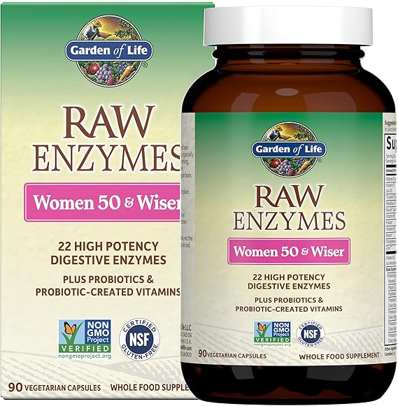 Garden of Life 22 Digestive Enzymes for Women 50 & Over with Bromelain, Papain & Lactase plus Probiotics & Vitamins B12, Biotin & Zinc RAW Enzymes Non-GMO, Gluten-Free, Vegetarian, 90 capsules