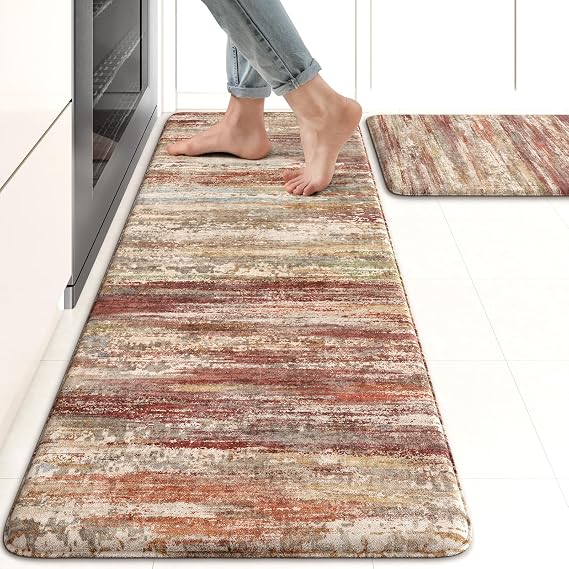 KIMODE Anti Fatigue Kitchen Mats,Farmhouse Kitchen Rugs Sets of 2 Red Brown
