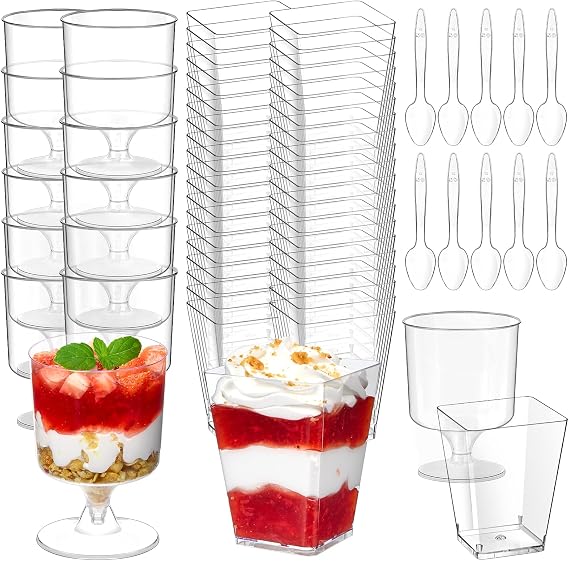 Soelomu Mini Plastic Dessert Cups with Spoons, 200 Pcs Serves 100 | 5 oz Square and 5 oz Goblet Dessert Shooters, Small Party Serving Cups, For Parfait, Appetizers, Dessert Shot Glasses Set