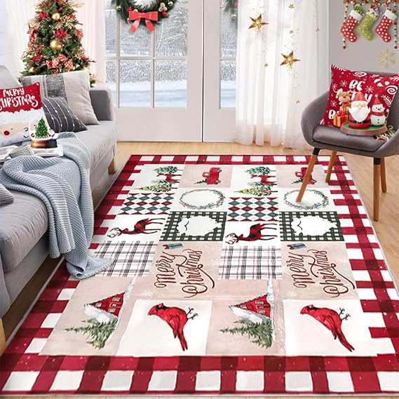 WONGS BEDDING Area Rug 3' x 5' Christmas Cardinal Washable Bedroom Rug Holiday Entryway Indoor Non-Slip Mat Small Throw Rugs for Kitchen Living Room Low-Pile Outdoor Floor Decoration Carpet