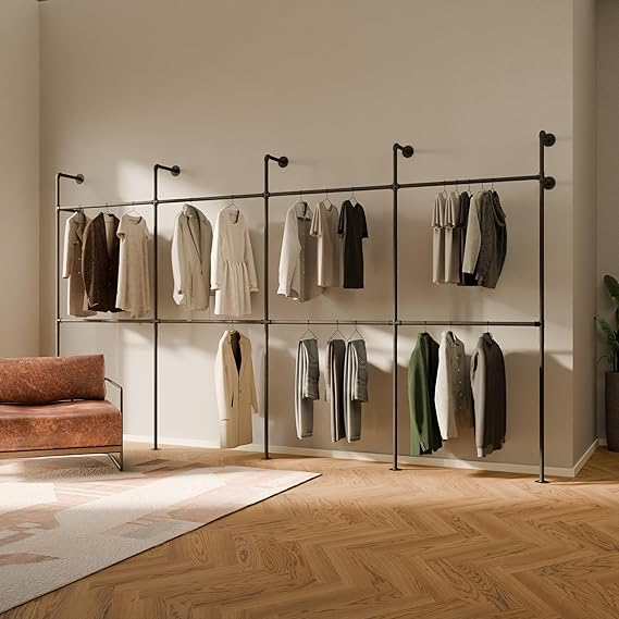 pamo Industrial Clothing Rack Wall Mounted Black 154" W 87" H, 1100 lbs