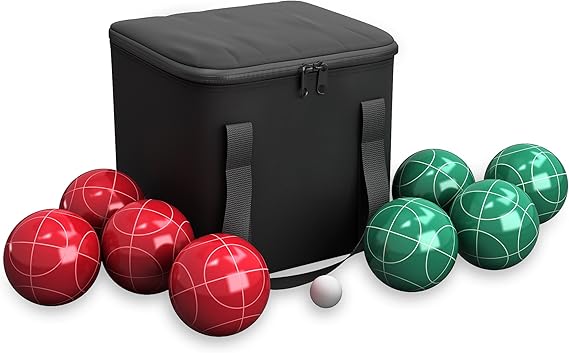 HEY! PLAY! Bocce Ball Set - Lawn Game for Backyard, Beach, or Wedding - Includes Red and Green Bocce Balls, Pallino, and Carrying Case by Trademark Games