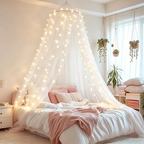 Comtelek Mosquito Net Bed Canopy for Girls,King Canopy Bed Curtains Full Queen Size from Ceiling,Dome Mosquito Netting Bed Tent Twin Girls Princess Canopy Bed White Decor for Baby Crib (Light White)