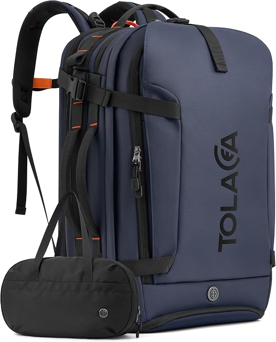 Tolaccea Travel Laptop Backpack, TSA Friendly Flight Approved Carry-on Business Rucksack Work Backpack with Extra Toiletry Bag, Dual Storage for 17.3" Laptop and 12.9" Tablet, 40-45L Expandable