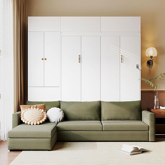 Harper & Bright Designs Queen Size Murphy Bed, Wall Bed with Sofa and Shelves, Green