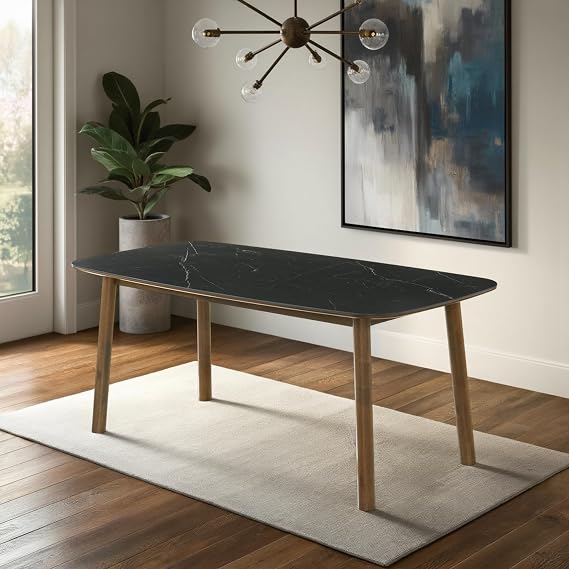 Emorie Mid-Century Modern 71 in. Rectangle Wood Dining Table in Walnut Finish with Sintered Stone Top