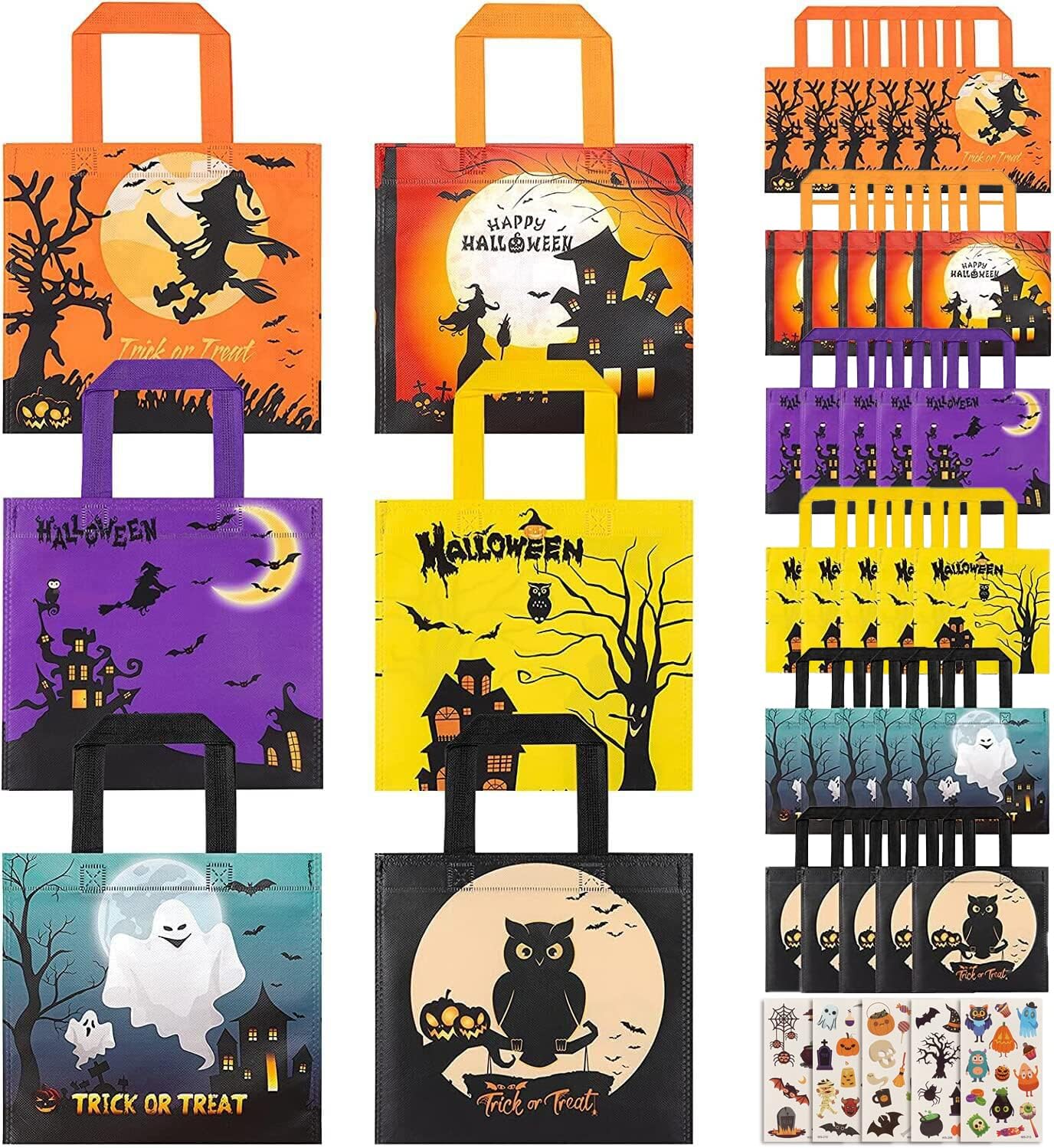 Halloween Treats Bags Party Favors - 30 pack Non-Woven Halloween Tote Gift Bags for Kids Trick or Treat Bags with 54 pcs Tattoos, Reusable Candy Bags Goodie Bag for Halloween Party Supplies6 Pattern