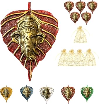 LOVENSPIRE Metal Leaf Ganesha Wall Hanging Decor for Home, Living Room, Office Decorative Indian Art Showpiece for Housewarming, Diwali Decorations & Return Gifts Red / 5 Pack