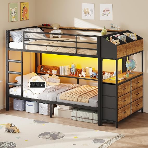 DICTAC Twin Over Twin Bunk Bed with 6 Storage Drawers,Led Lights and Charging Station Metal Bunk Beds with Side Bookcase,3 Storage Boxes &Shelf,L-Shaped bunk Bed with Safety Guardrail and Ladder,Black