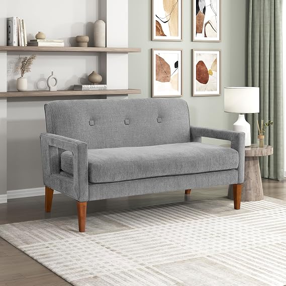 Lexicon Modern Loveseat, Chenille Fabric Upholstered with Button Tufted Backrest, Wrapped Square Armrests and Solid Wood Leg, Comfy Loveseat Sofa for Living Room, Gray