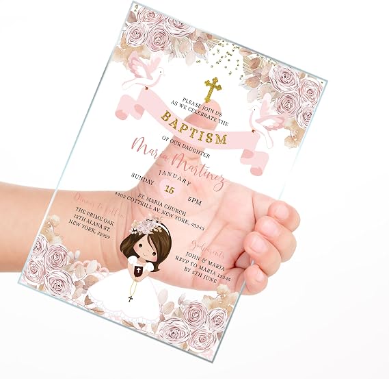 Avior Baptism Invitation for Girl, Luxury Holy Bautizo Christening Gold Cross Fiesta Little Girl Praying First Communion invitation (10 Invitations)