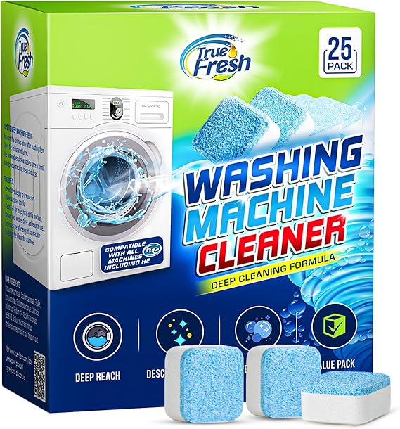 True Fresh Washing Machine Cleaner Tablets 25 Pack for Front Load, Top Load & HE Washers, Helps Remove Odor-Causing Residue, Limescale & Grime, Deep Cleans Drum, Pump, Valve & Hoses, Septic Safe